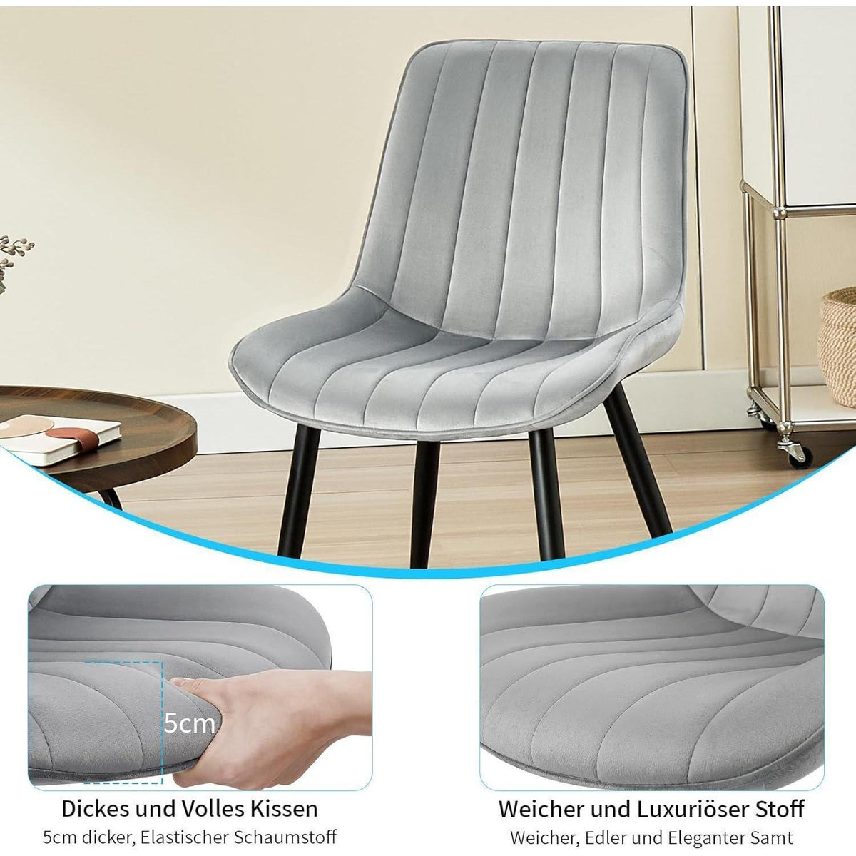 Samt Esszimmerstühle Set 4 - Grau & Schwarz Metallbeine