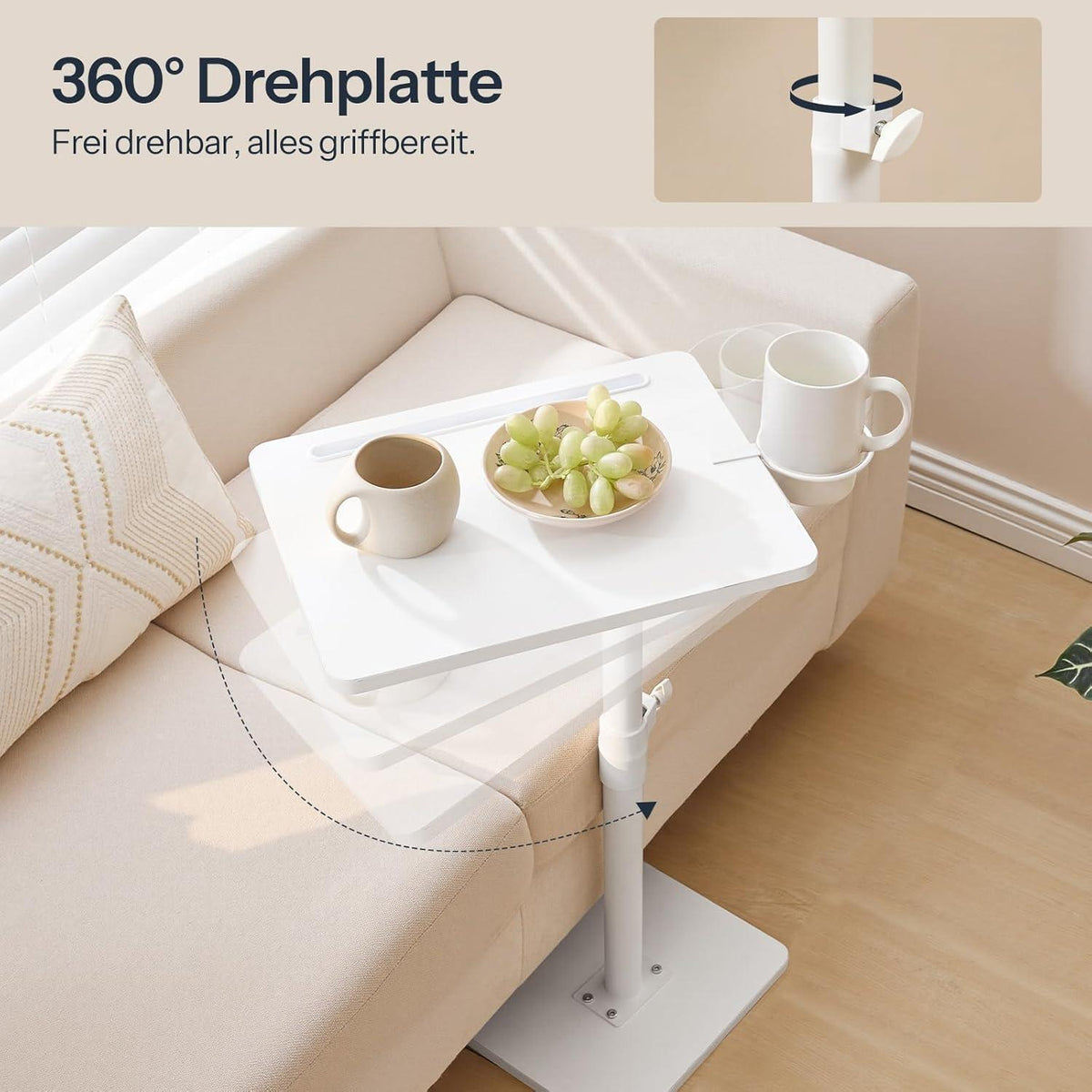 Höhenverstellbarer Beistelltisch 360° drehbar mit Getränkehalter