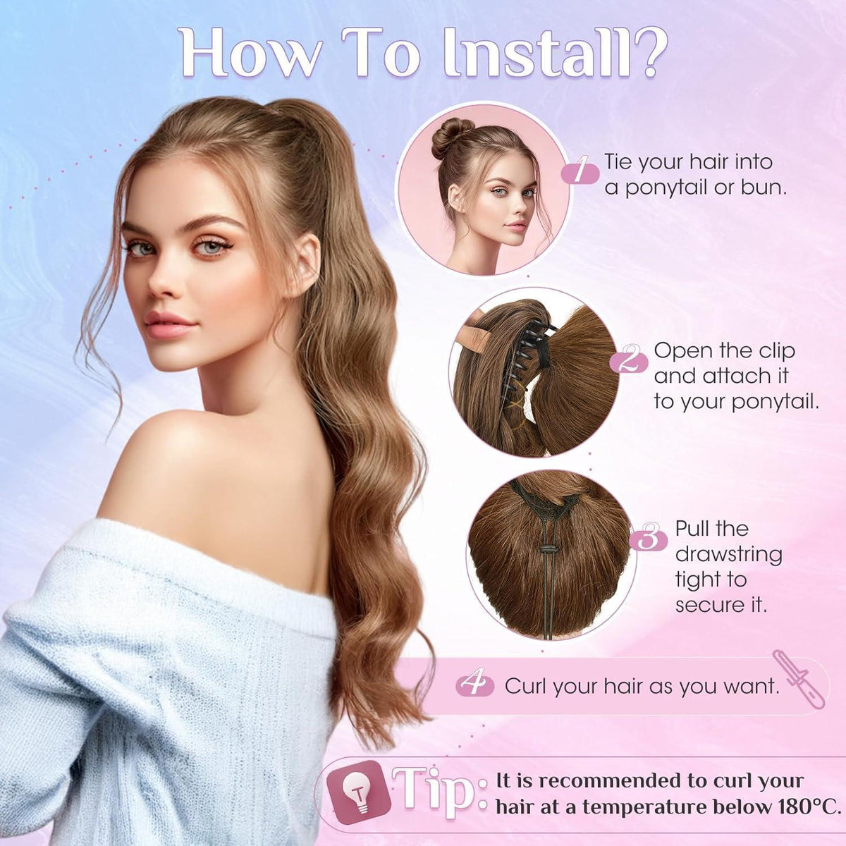 Echthaar Pferdeschwanz Clip Extension Ascheblond/Blond 40cm