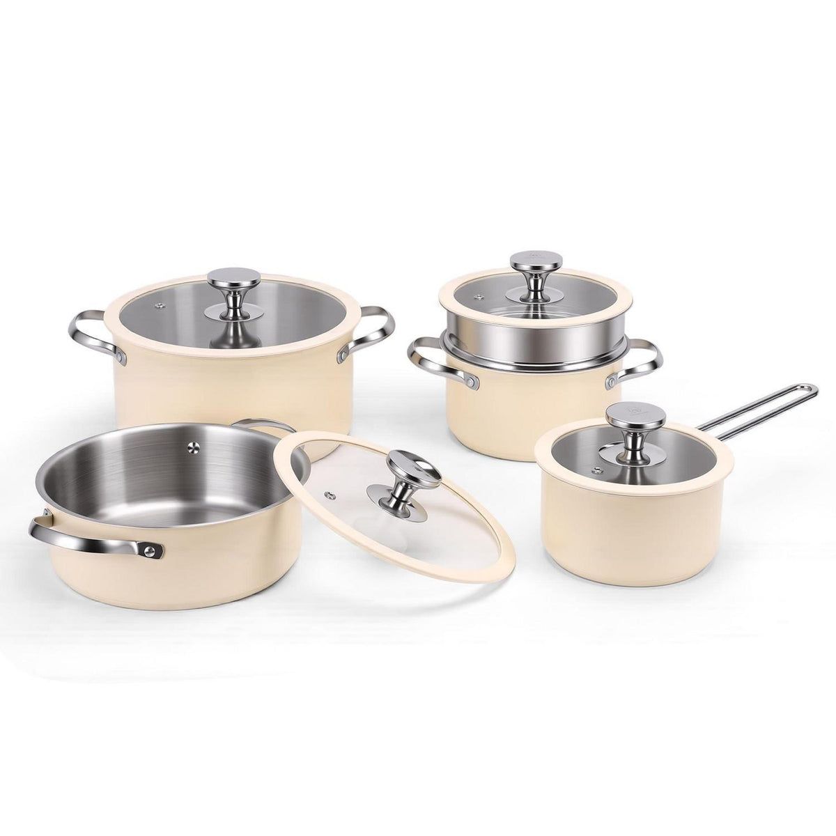 Edelstahl Kochgeschirr-Set Keramikbeschichtet Beige
