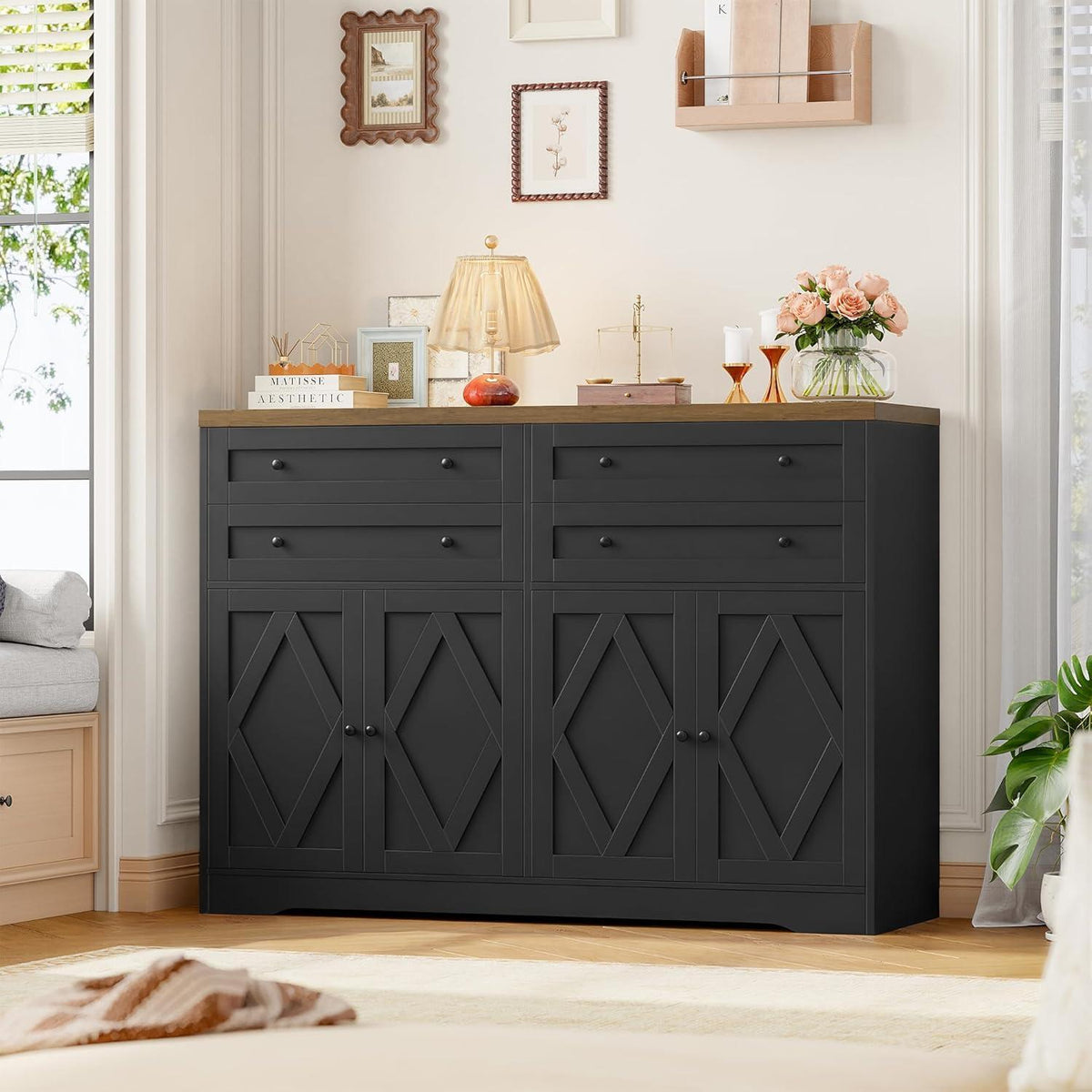 Sideboard mit Schubladen & Regalen – Küchenschrank Schwarz Braun