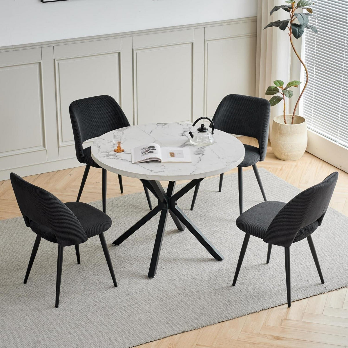 Runder Esstisch Set mit 4 Cord-Stühlen – Modern & Komfortabel