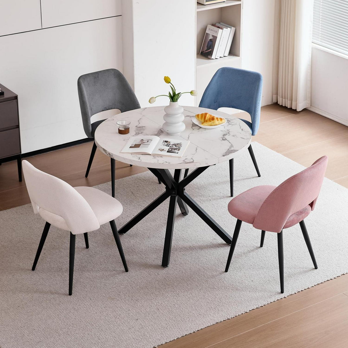 Runder Esstisch Set mit 4 Cord-Stühlen – Modern & Komfortabel
