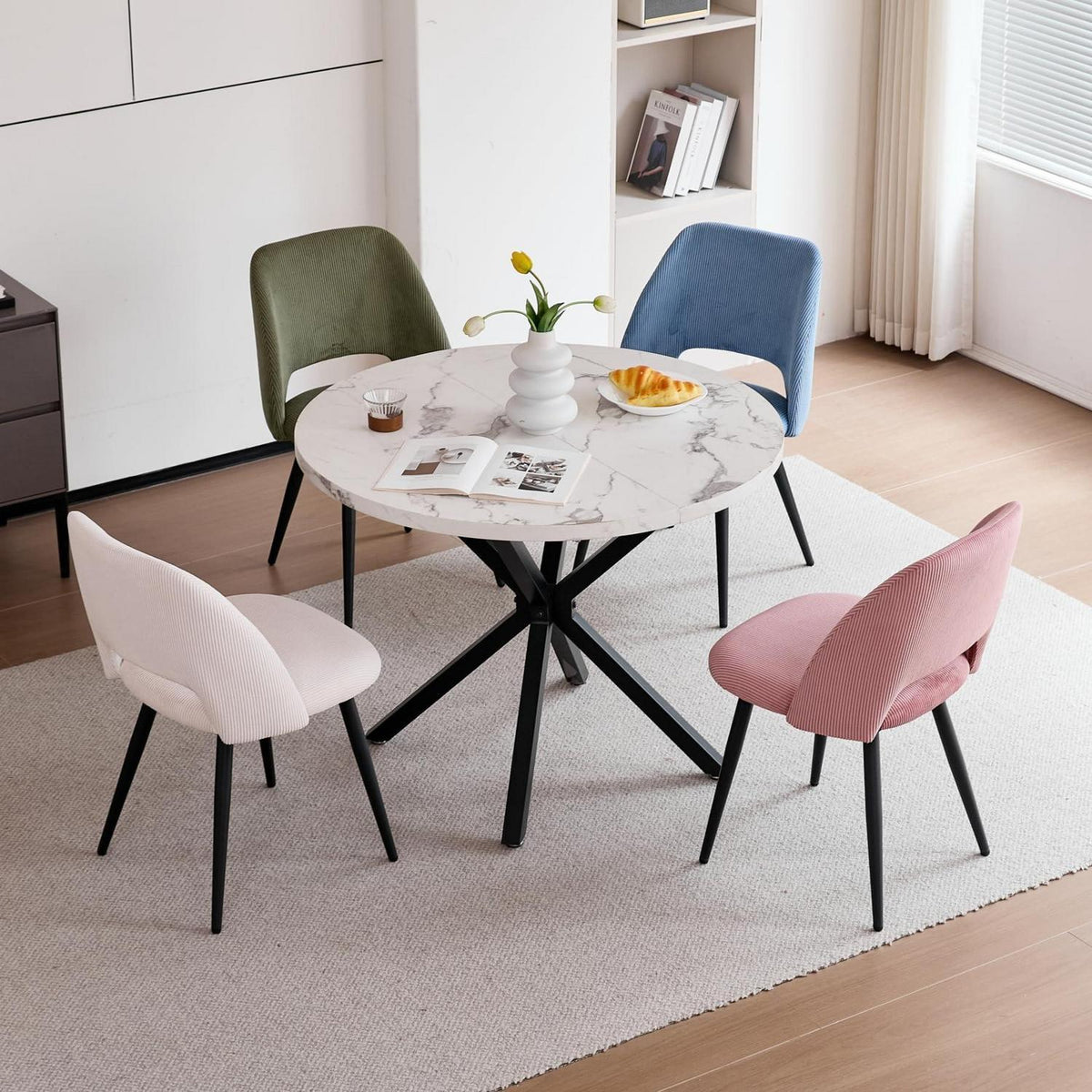 Runder Esstisch Set mit 4 Cord-Stühlen – Modern & Komfortabel