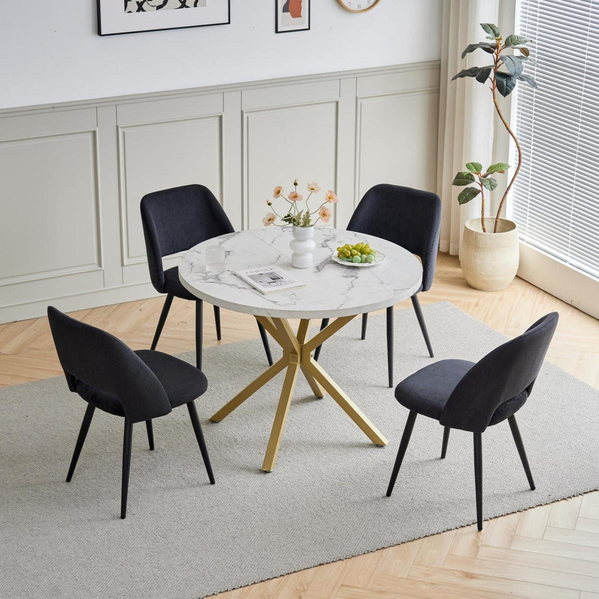 Runder Esstisch Set mit 4 Cord-Stühlen – Modern & Komfortabel
