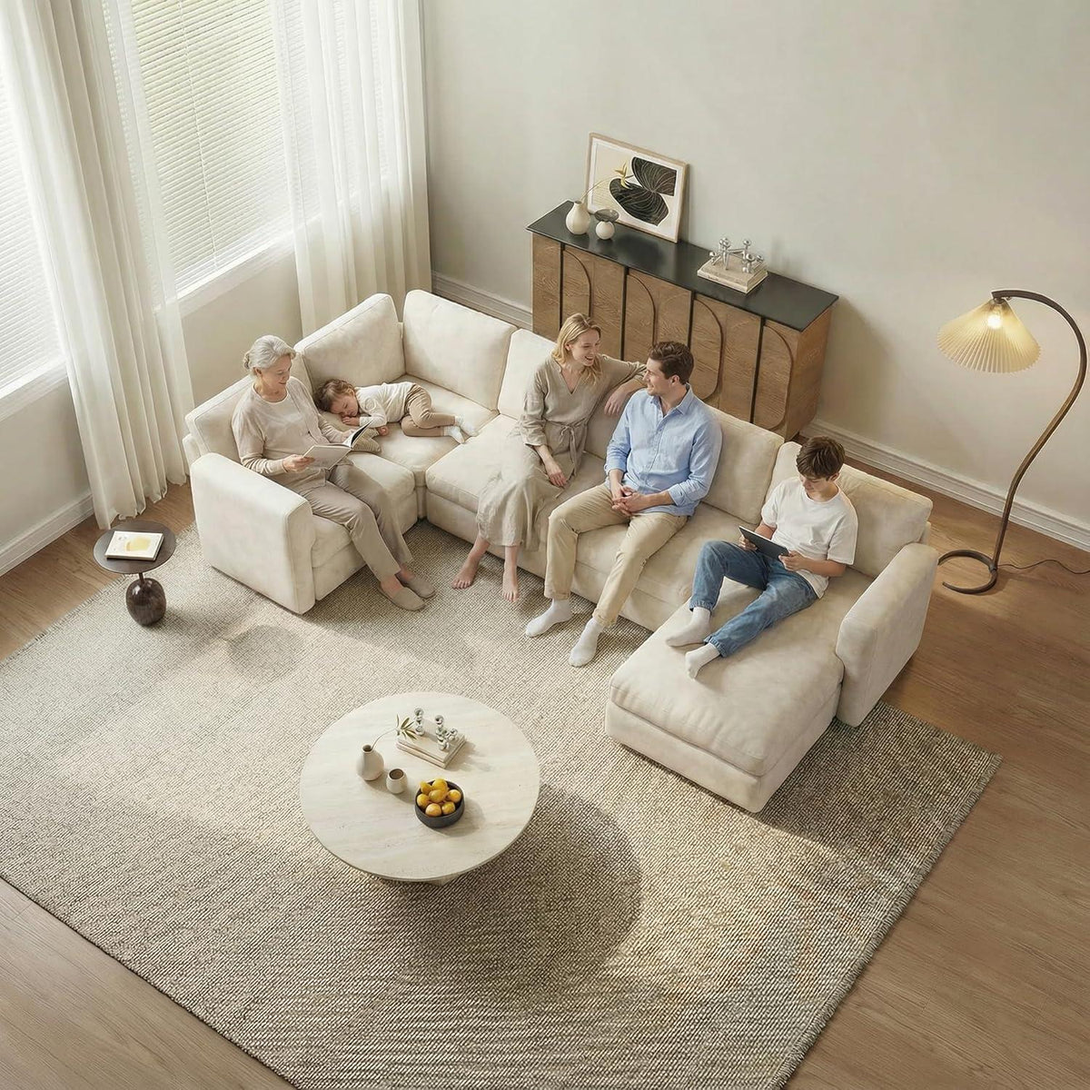 Ecksofa Stoff Modern, 5-Sitzer mit Ottomanen