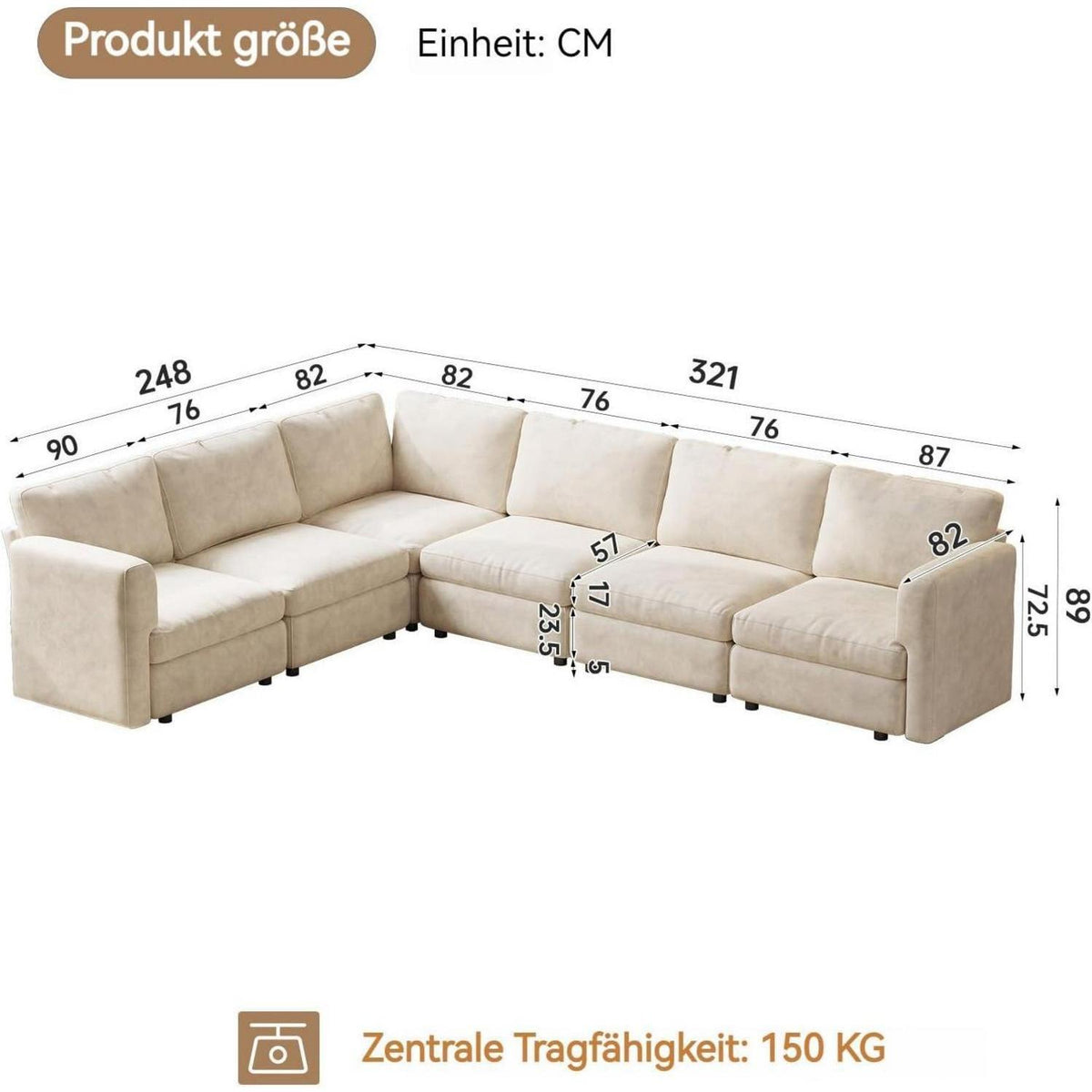 Ecksofa Stoff Modern, 6-Sitzer mit Ottomane