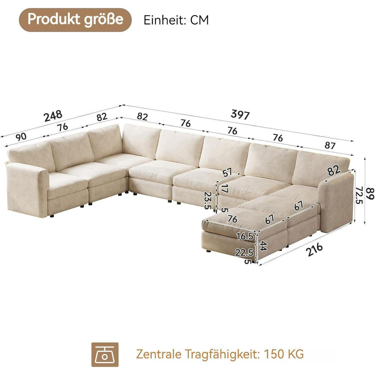 Wohnlandschaft Ecksofa Stoff, Modernes Polstersofa mit Ottomane