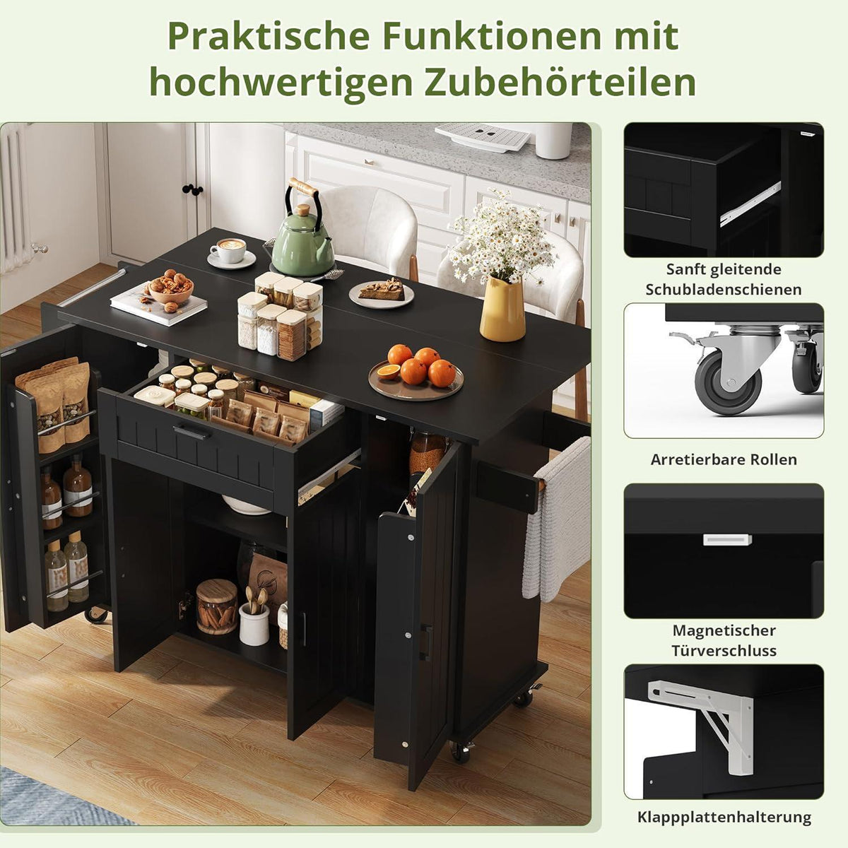 Klappbare Kücheninsel mit Stauraum & Rollen – Schwarz