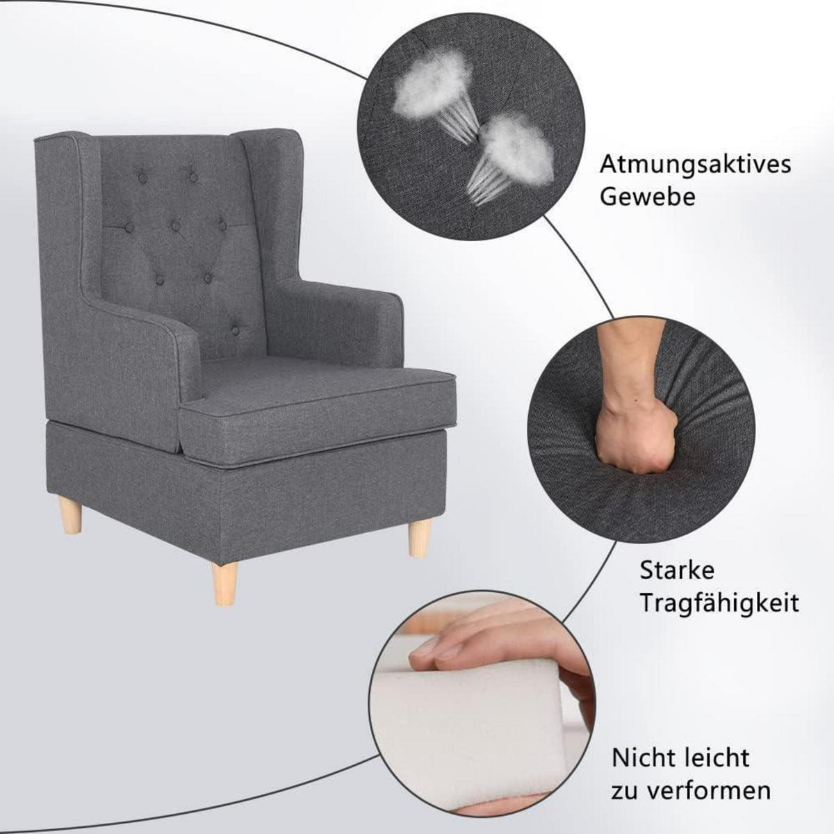 Mingone Ohrensessel Leinen – Bequemer Loungesessel Dunkelgrau