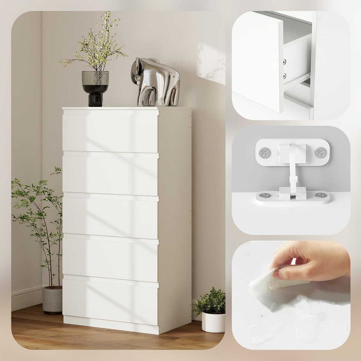 Weißes Sideboard & Kommode Set | 120cm Breit, 5 Schubladen