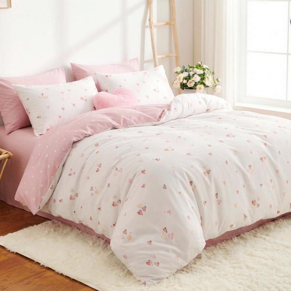 Herz Bettwäsche Set Mädchen Rosa Weiß 140x200