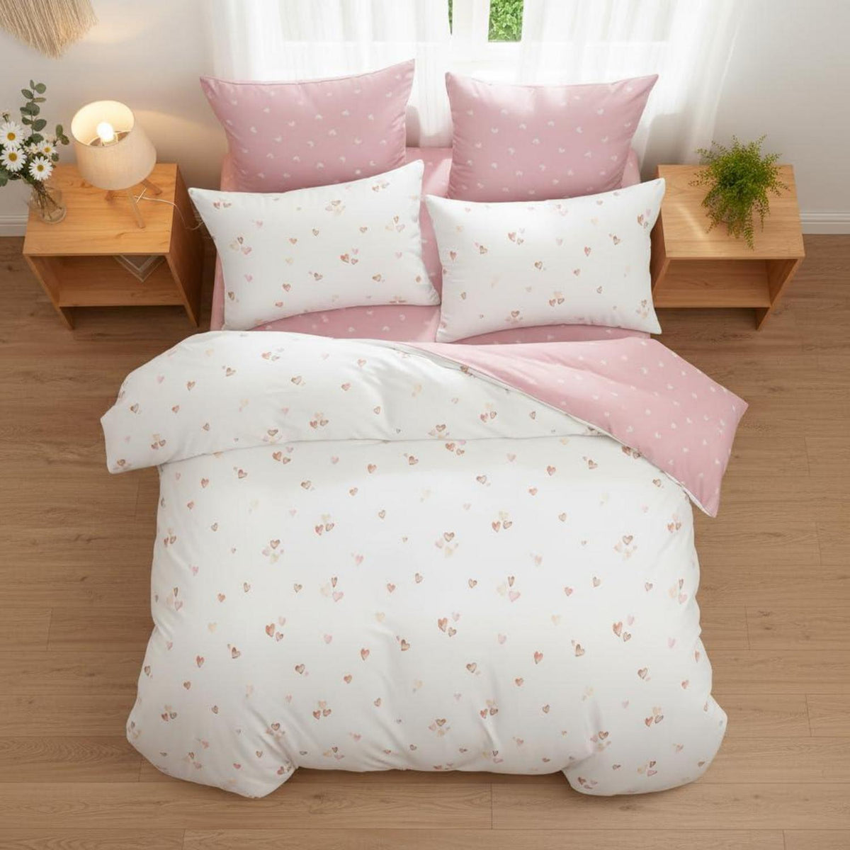 Herz Bettwäsche Set Mädchen Rosa Weiß 140x200
