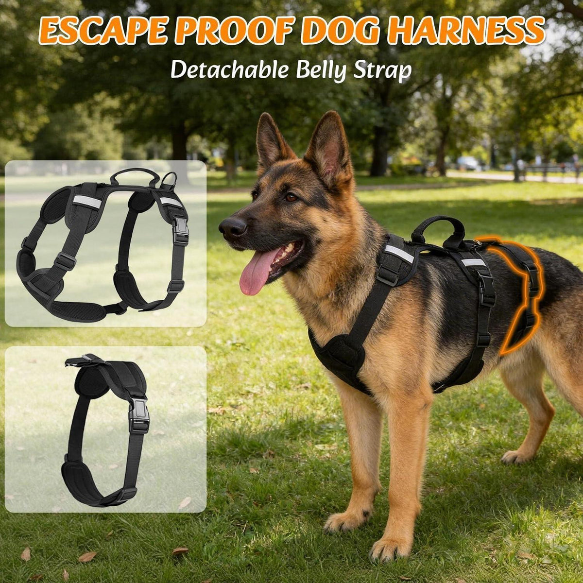Ausbruchsicher Hundegeschirr mit Griff & Reflektor, XL Schwarz
