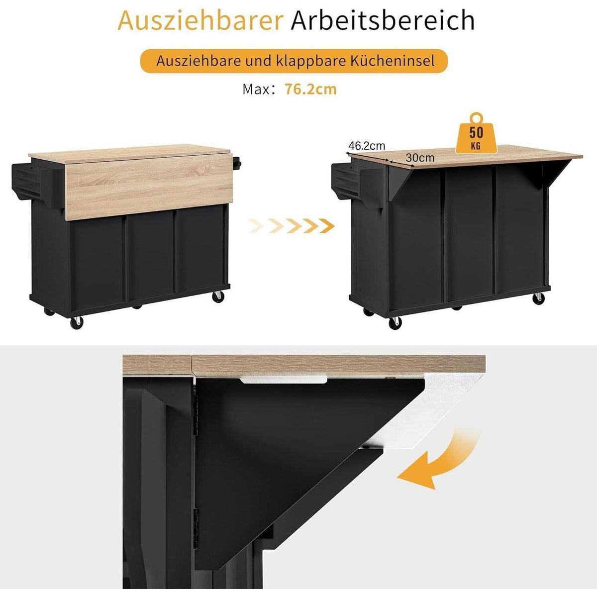 Mobile Kücheninsel mit Ausziehtisch & Abfallbehälter (Schwarz)