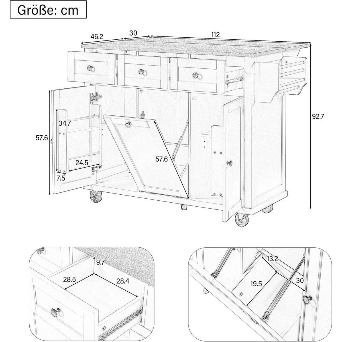 Mobile Kücheninsel mit Ausziehtisch & Abfallbehälter (Schwarz)