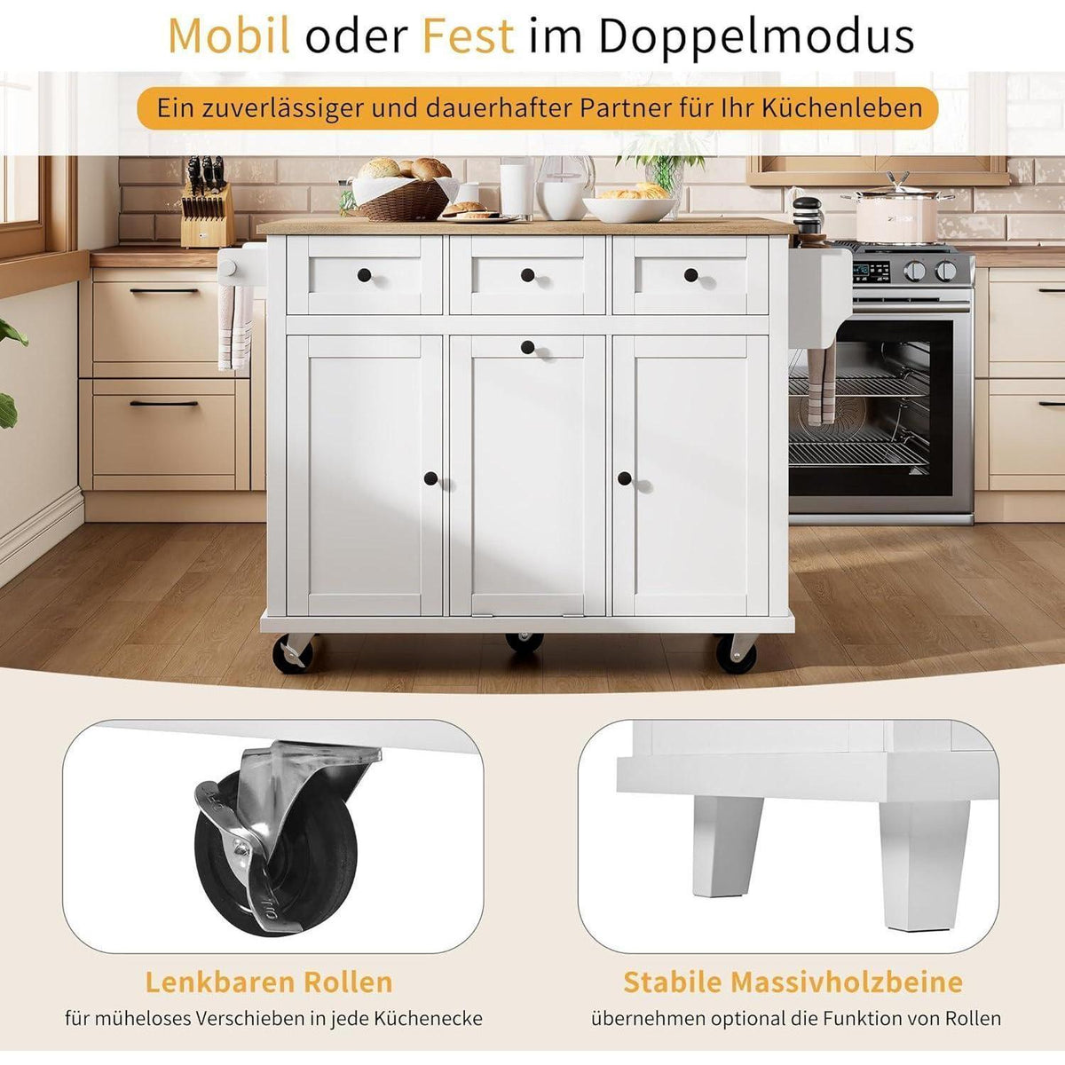 Mobile Kücheninsel weiß mit Ausziehtisch & Abfallbehälter