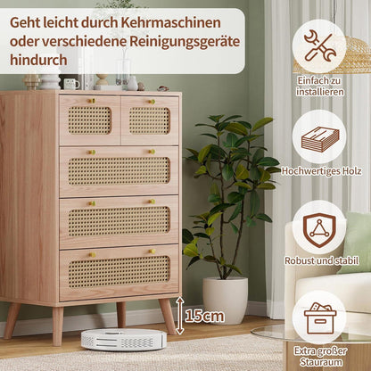 Kommode 5 Schubladen Holz Rattan Boho Sideboard mit Anti-Kipp-Sicherung