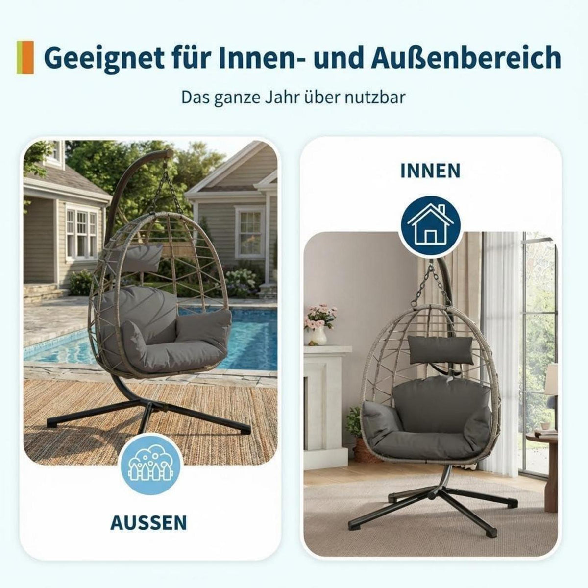 Rattan Hängesessel mit Gestell – Klappbar & Wetterfest – Grau