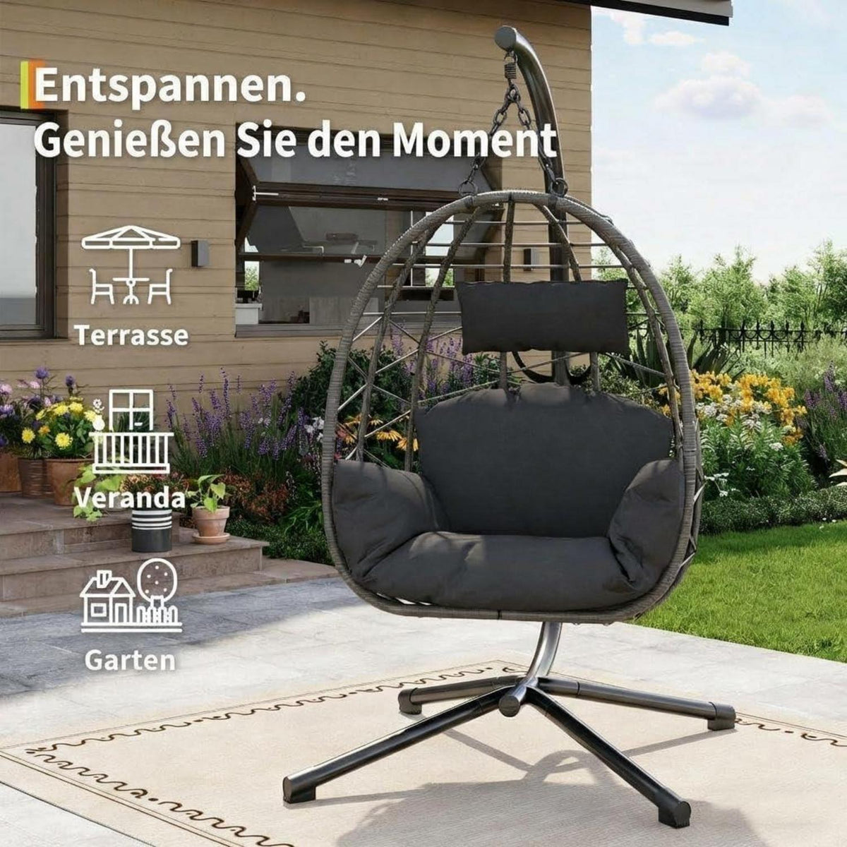 Rattan Hängesessel mit Gestell – Klappbar & Wetterfest – Grau