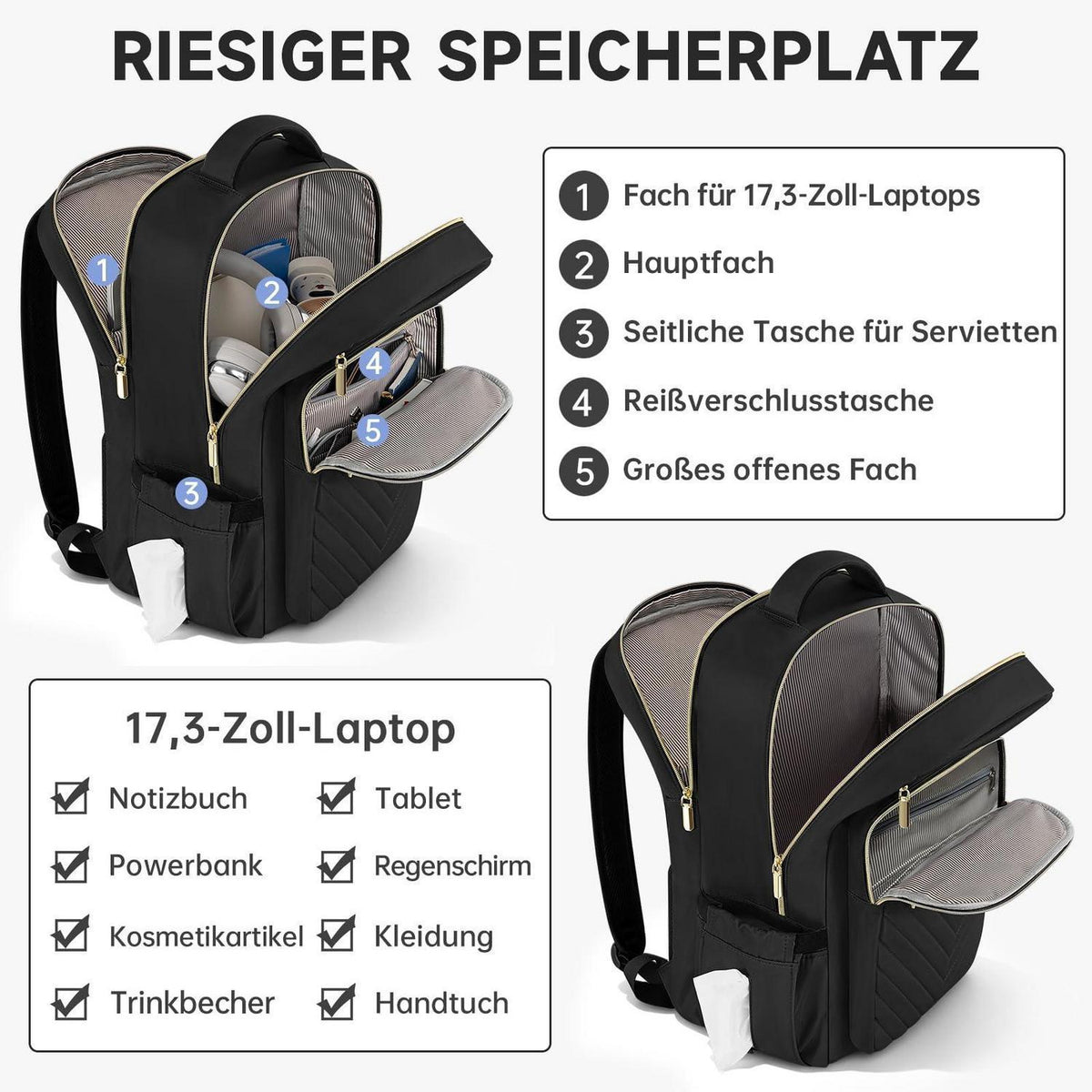Laptop Rucksack 17,3 Zoll – Herren Damen Schulrucksack Schwarz