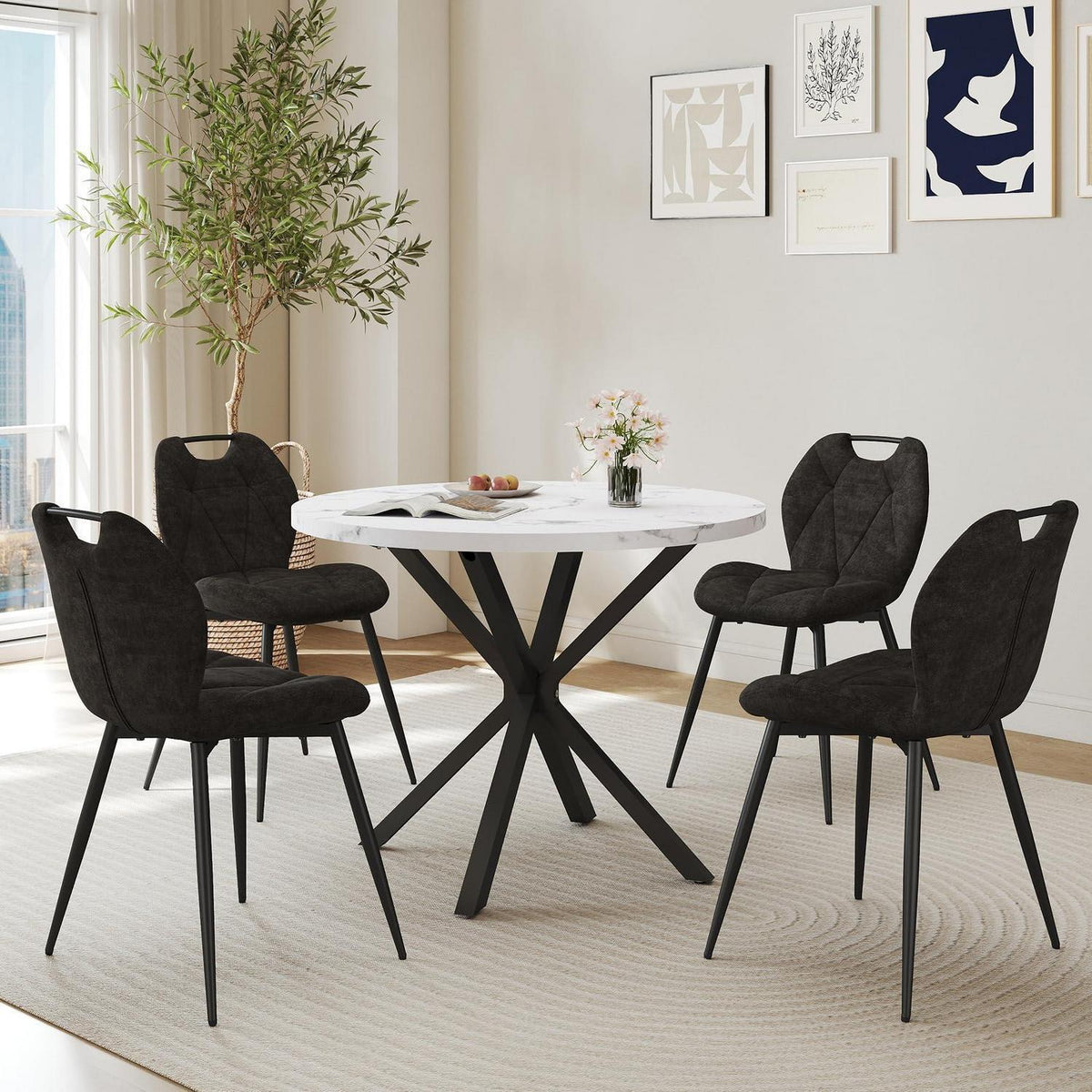 Runder Esstisch Set mit 4 Polsterstühlen im Nordic Stil