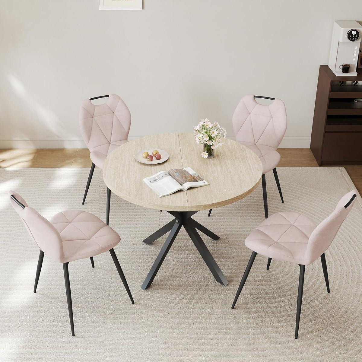Runder Esstisch Set mit 4 Polsterstühlen im Nordic Stil (Gelb/Beige)