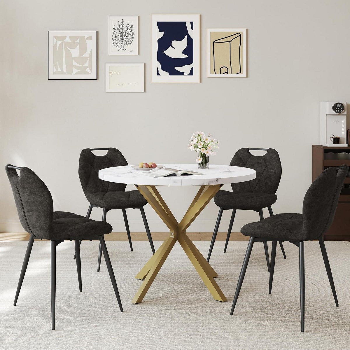 Runder Esstisch Set mit 4 Polsterstühlen im Nordic Stil