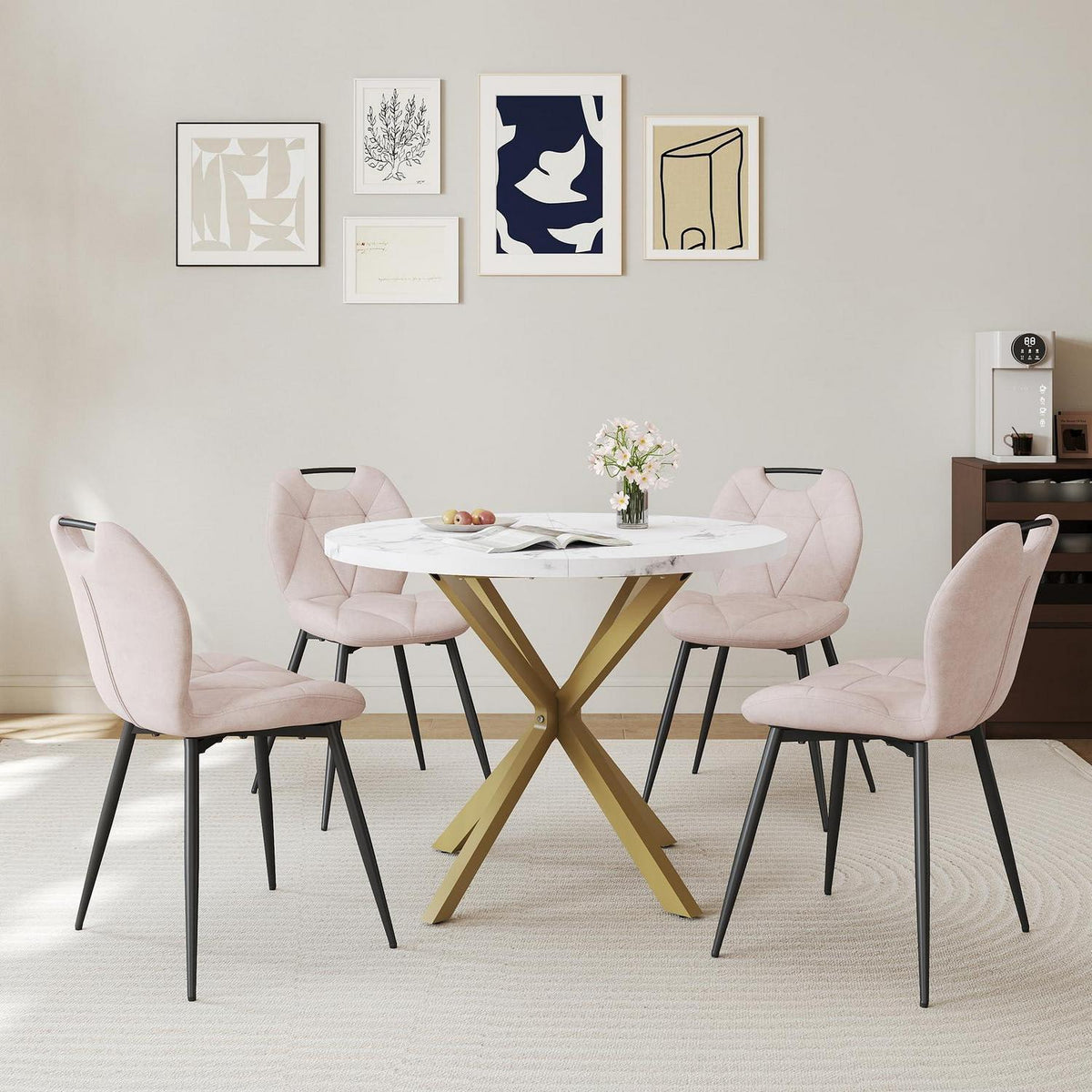 Runder Esstisch Set mit 4 Polsterstühlen im Nordic Stil