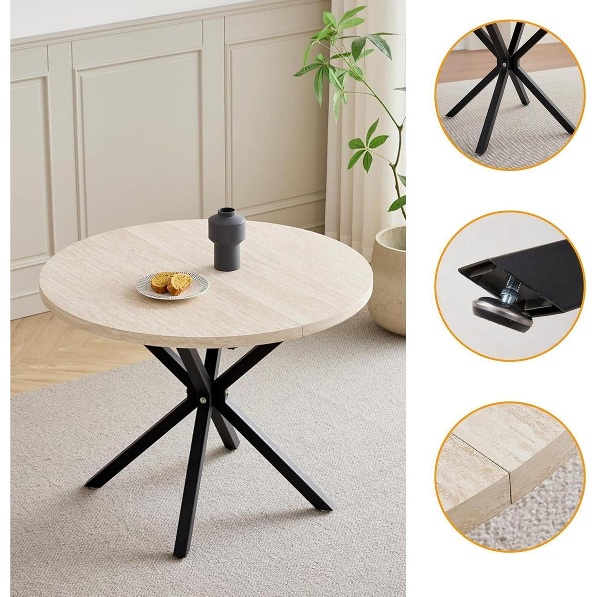 Runder Esstisch Set mit 4 Polsterstühlen im Nordic Stil (Gelb/Braun)