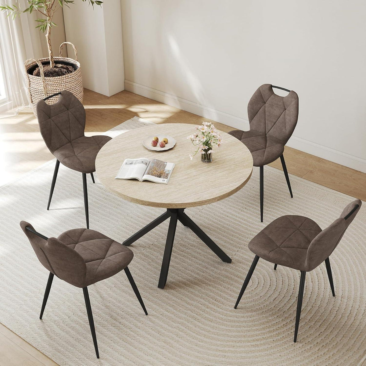 Runder Esstisch Set mit 4 Polsterstühlen im Nordic Stil (Gelb/Braun)