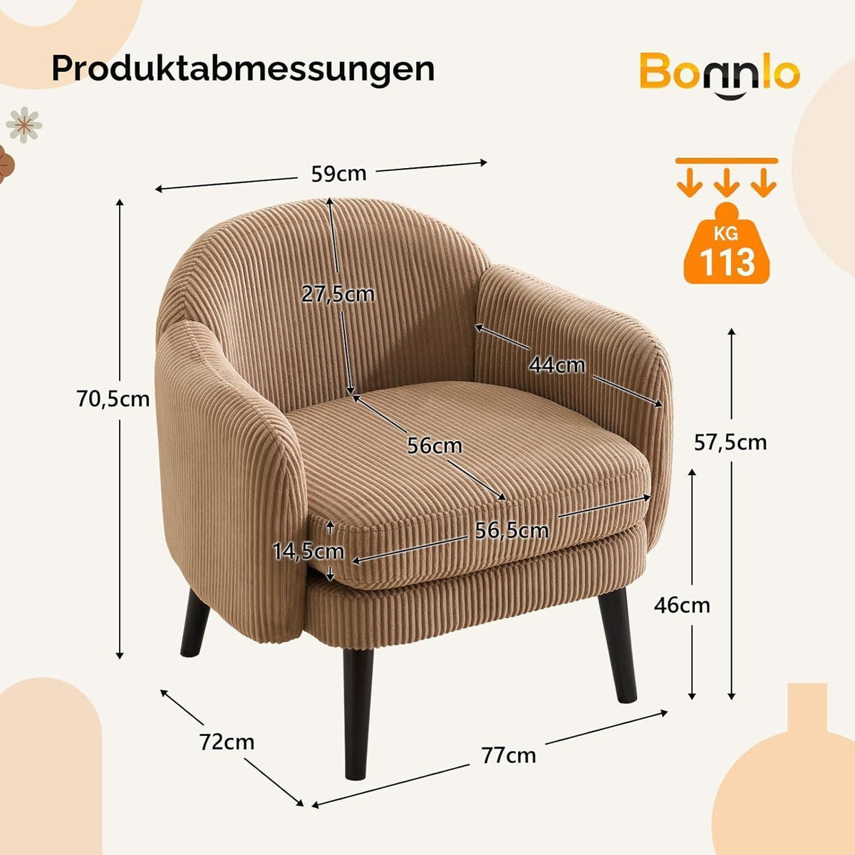 Gepolsterter Cord Loungesessel Khaki – Modern & Bequem