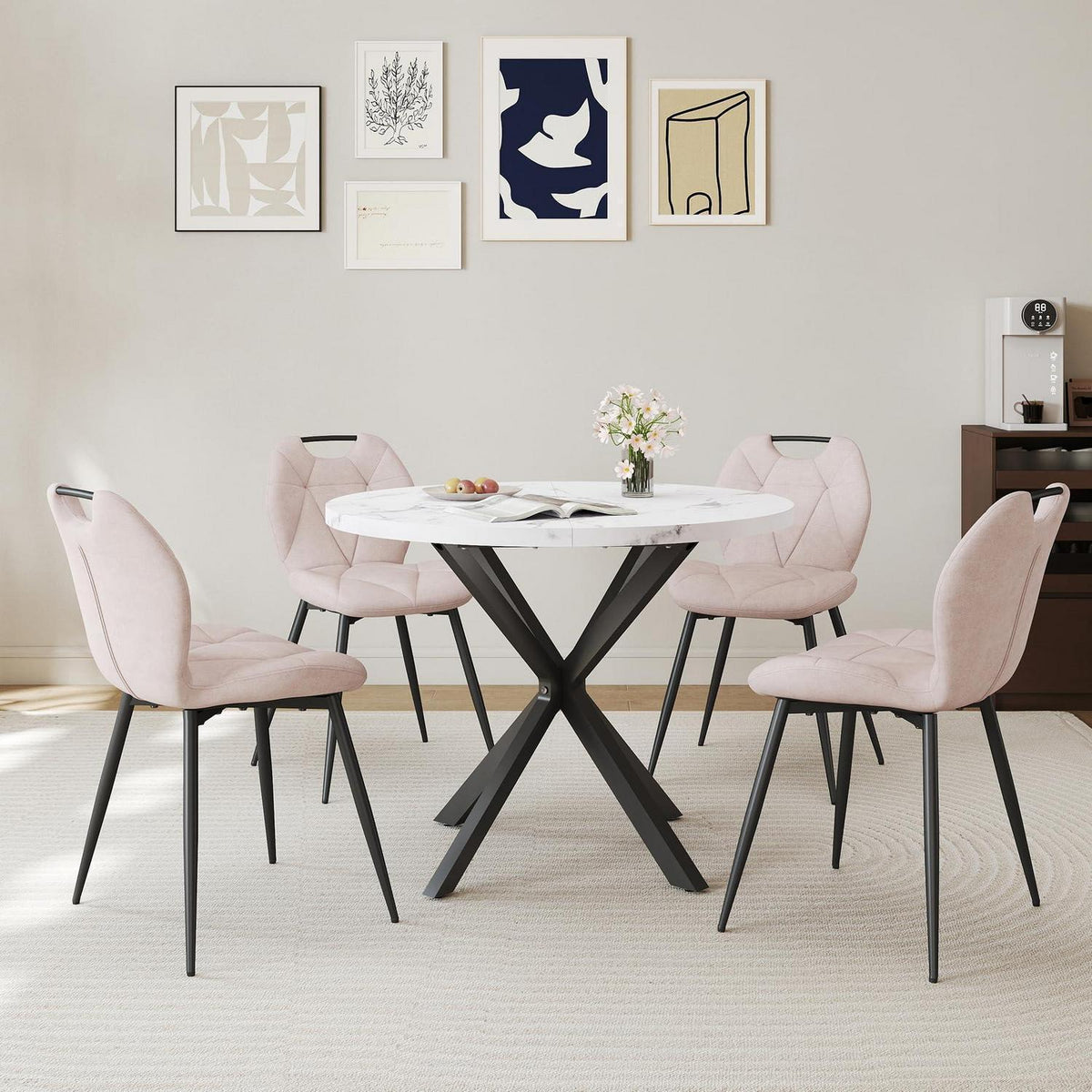 Runder Esstisch Set mit 4 Polsterstühlen im Nordic Stil