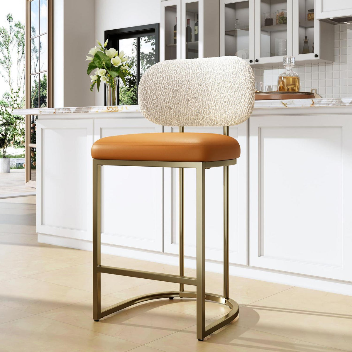 Barhocker mit Lehne & Fußstütze – Metallgestell, Kurkuma