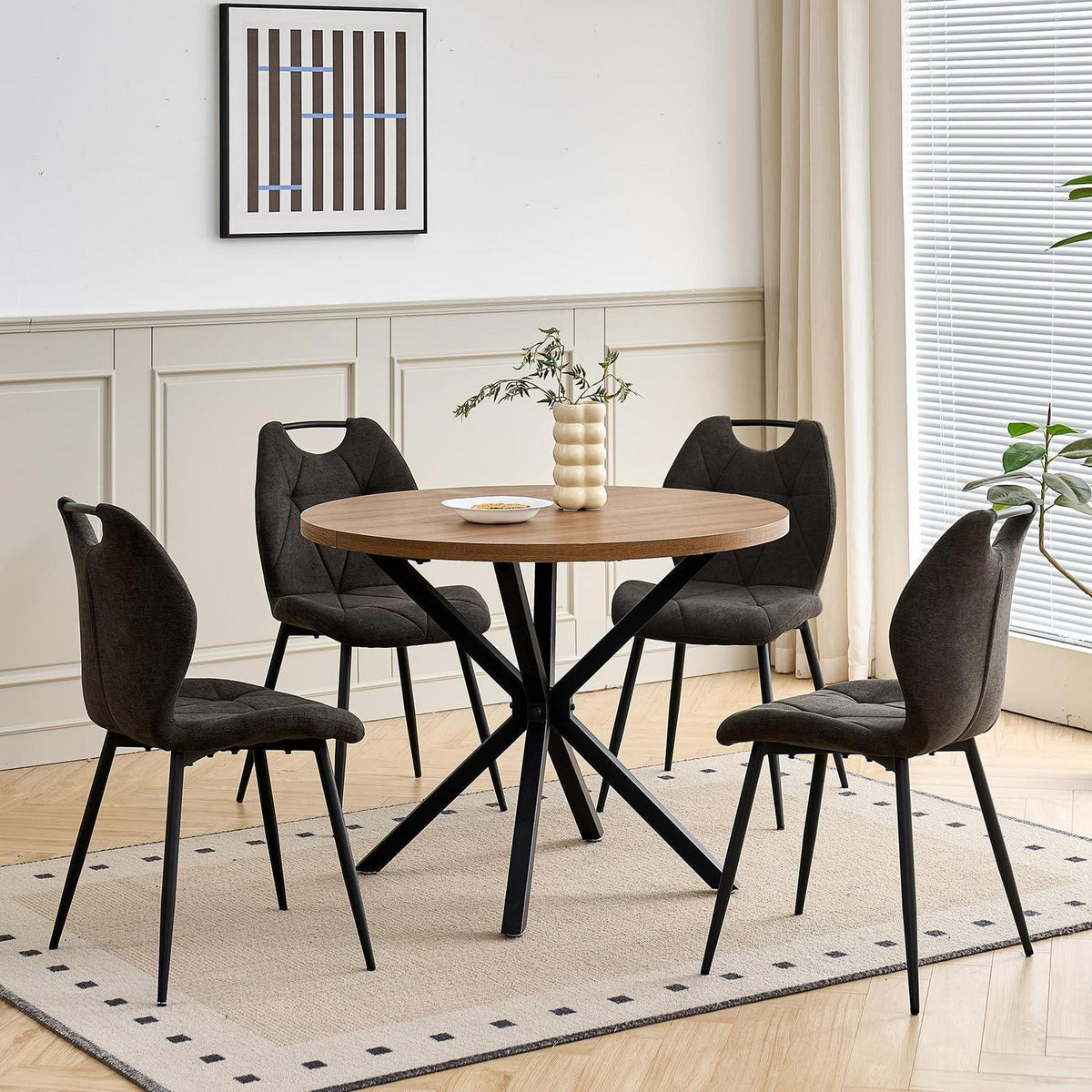 Runder Esstisch Set mit 4 Polsterstühlen im Nordic Stil