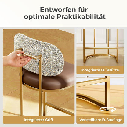 Barhocker mit Lehne & Fußstütze – Metallgestell, Kaffeefarbe