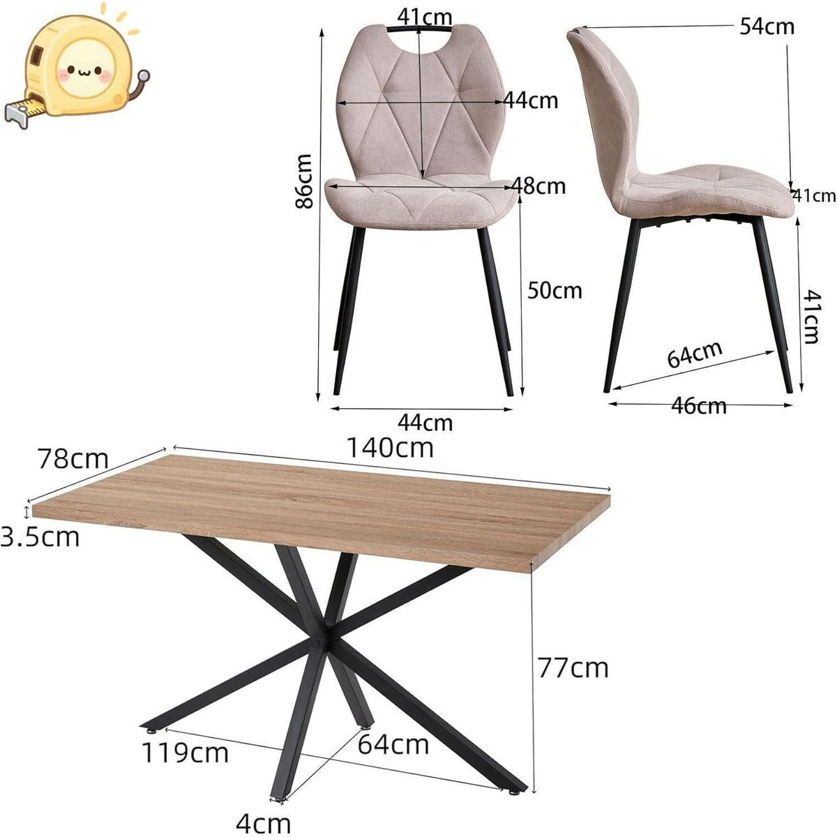 5-teiliges Esszimmer-Set: 140cm Tisch + 4 gepolsterte Stühle