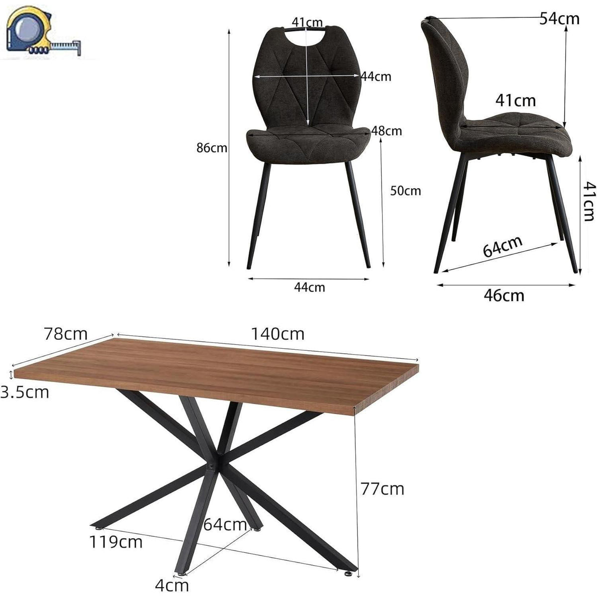 5-teiliges Esszimmer-Set: 140cm Tisch + 4 gepolsterte Stühle