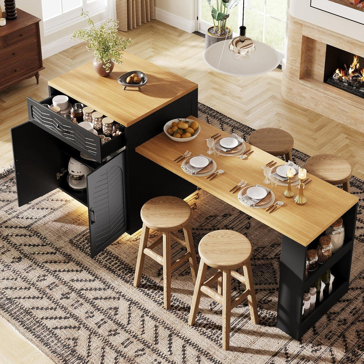 Kücheninsel mit Ausziehtisch, 2 Schubladen & 4 Türen (Schwarz/Holz)