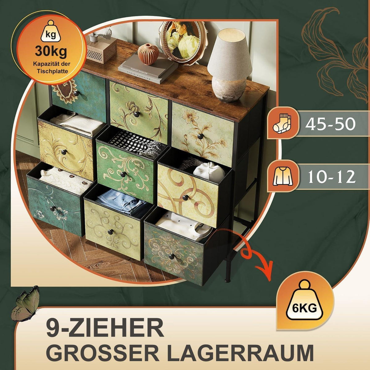 Schmale Kommode mit 9 Stoffschubladen & Metallrahmen