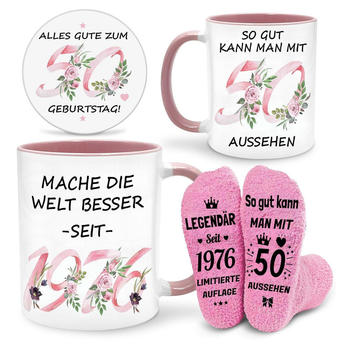 50. Geburtstag Geschenkset für Frauen: Tasse, Socken & Untersetzer 1976