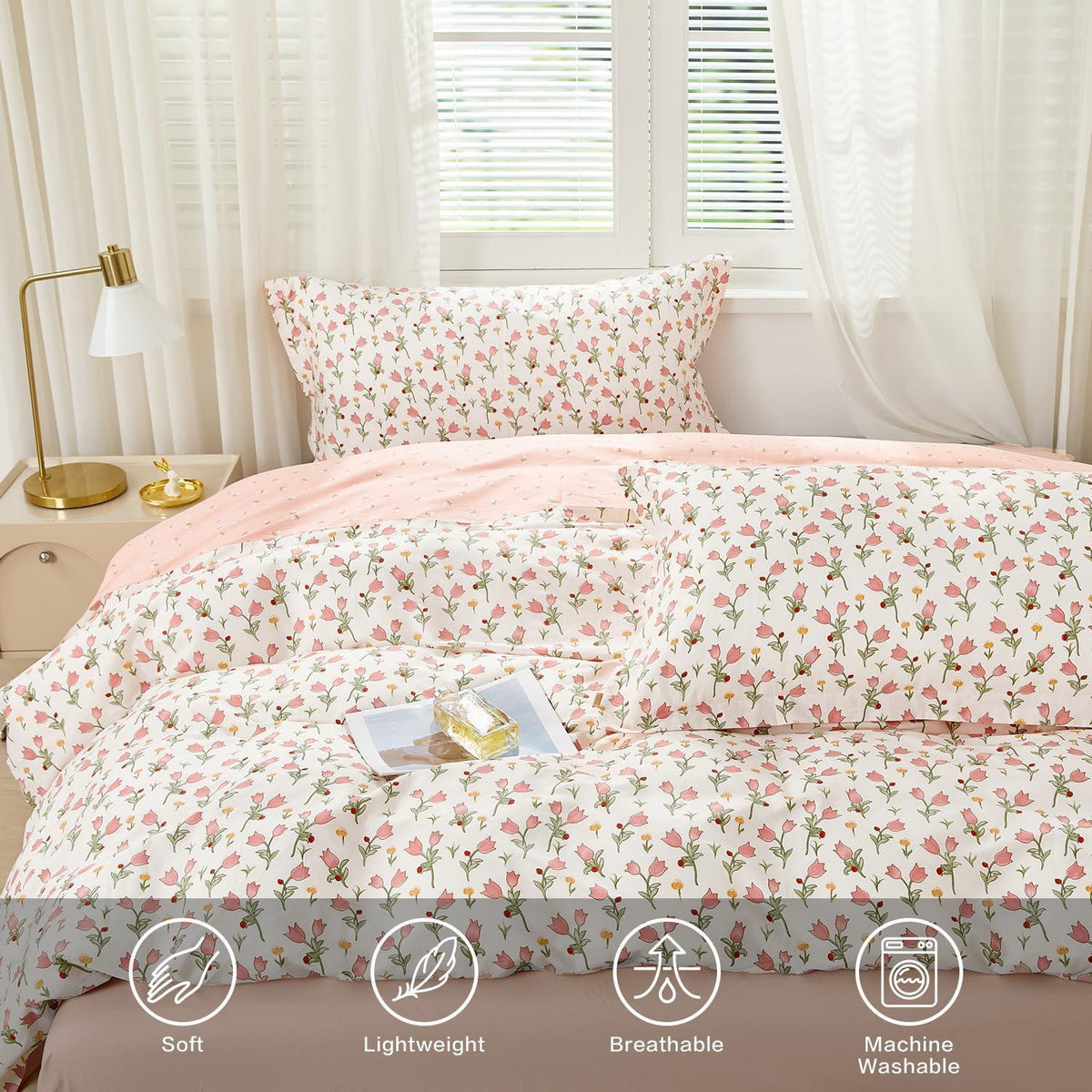 Bettwäsche-Set Rosa Blumen 200x220 cm Baumwolle 3-teilig