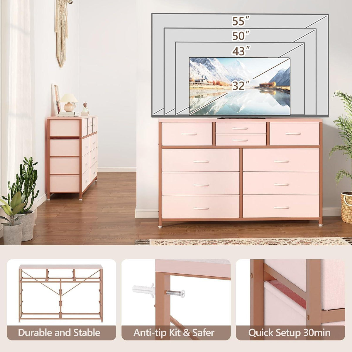 Kommode mit 10 Schubladen – Rosa Stoffaufbewahrung für Schlafzimmer