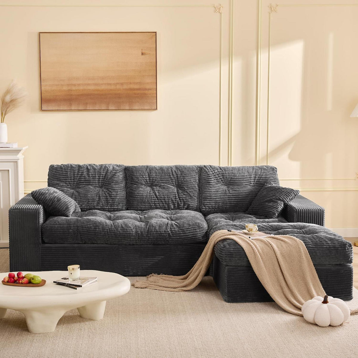 Graues Ecksofa 3-Sitzer – Modulares Sofa mit Recamiere & Cordstoff