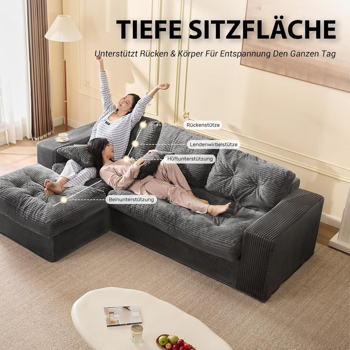 Graues Ecksofa 3-Sitzer – Modulares Sofa mit Recamiere & Cordstoff