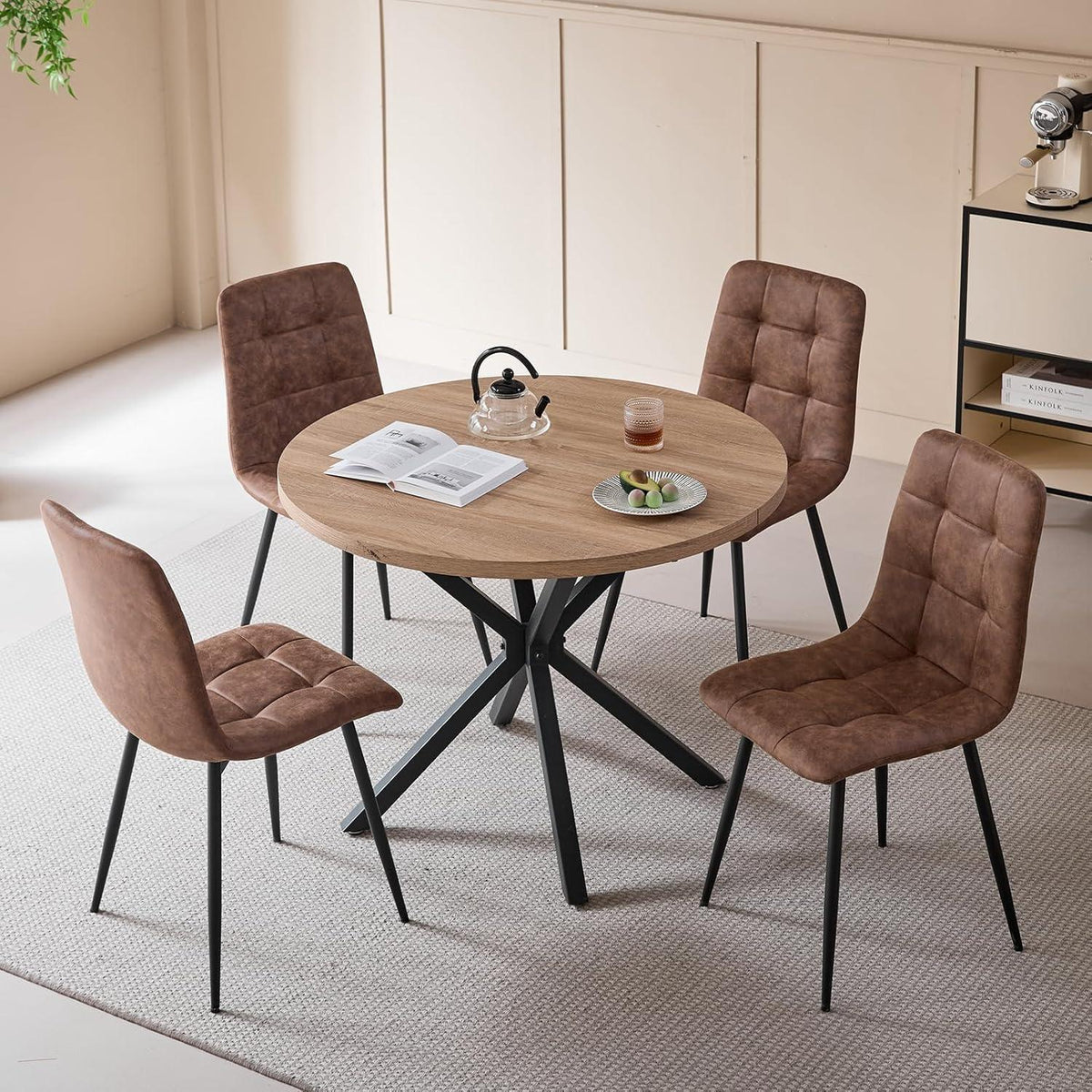 Moderner Esstisch Set 100cm rund + 4 Stühle Lederoptik