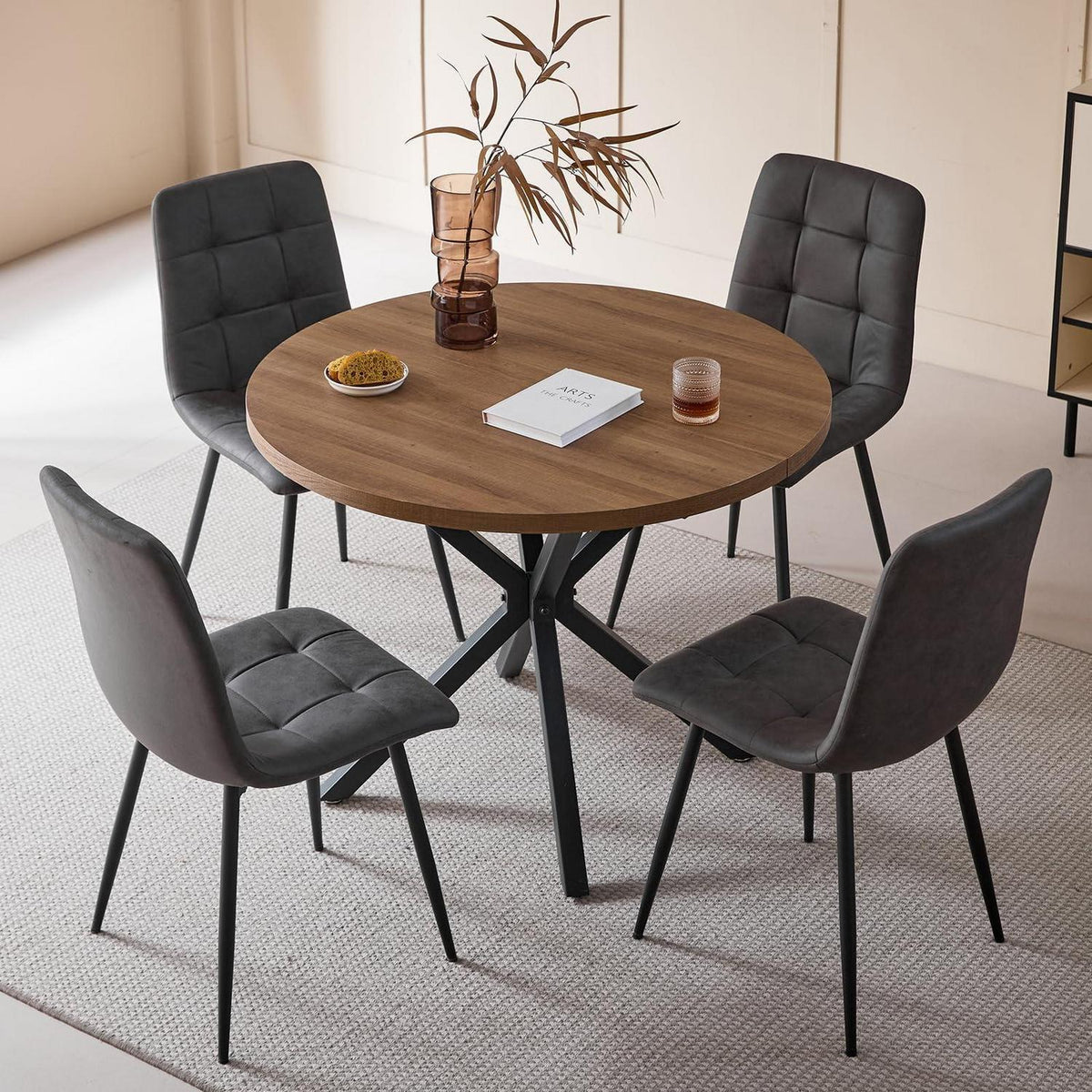 Moderner Esstisch Set 100cm + 4 Stühle Dunkelgrau/Holz