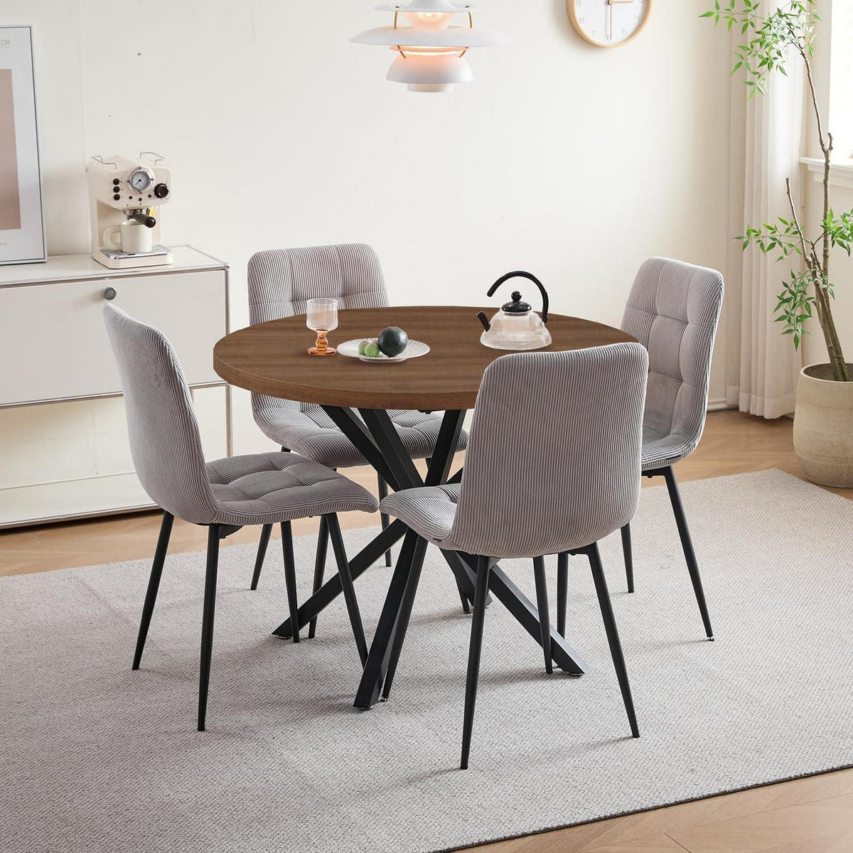 Runder Esstisch Set 100cm mit 4 Samtstühlen (Dunkelgrau/Hellgrau)