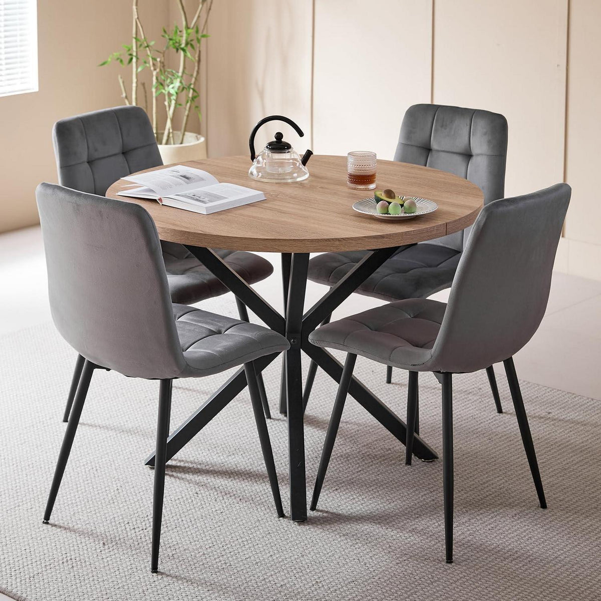 Moderner Esstisch Set mit 4 Samtstühlen (100cm)