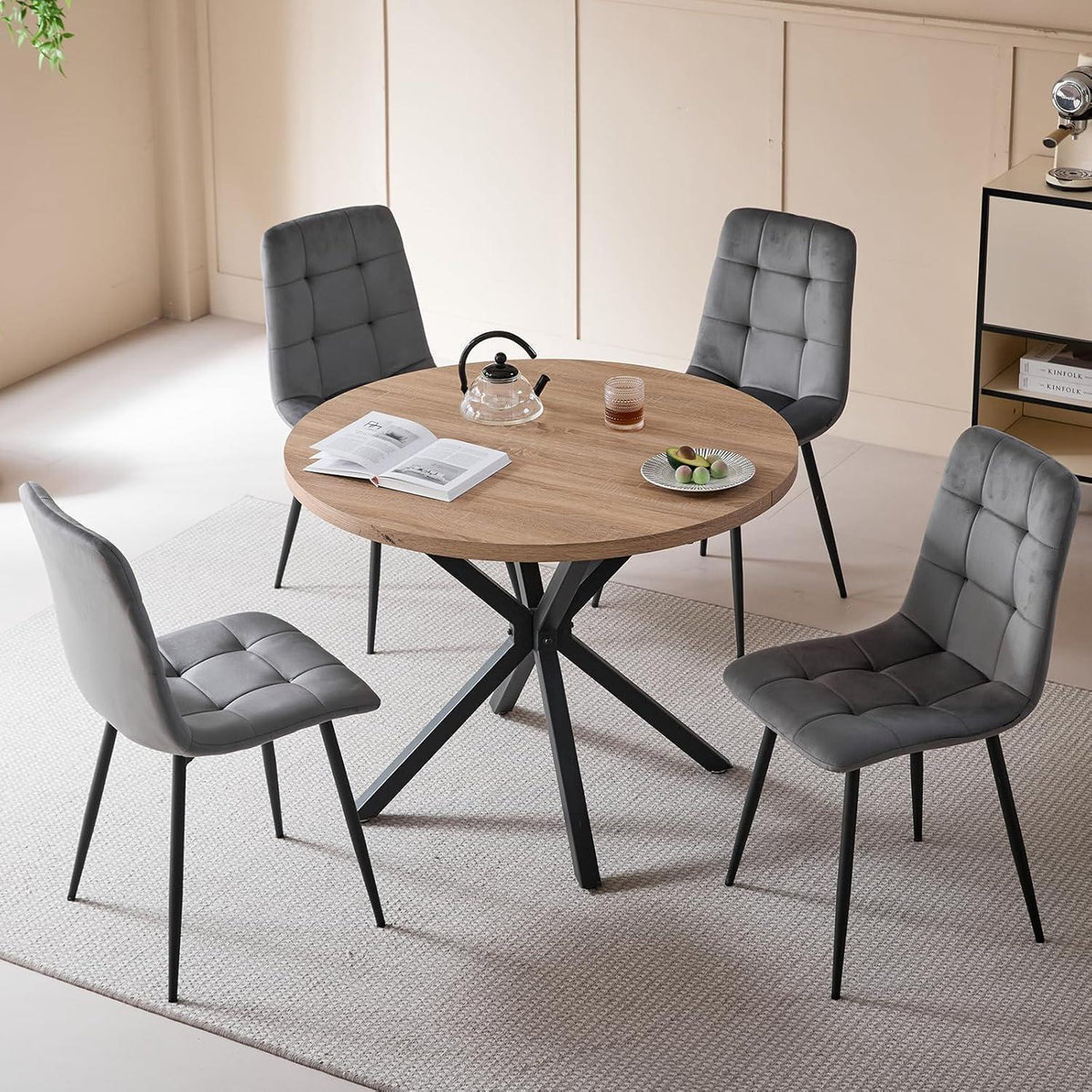 Moderner Esstisch Set mit 4 Samtstühlen (100cm)